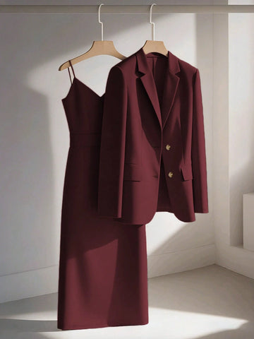 Blazer Jacket Paired With Sleeveless Waist Cinched Straight Dress