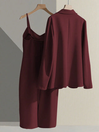 Blazer Jacket Paired With Sleeveless Waist Cinched Straight Dress