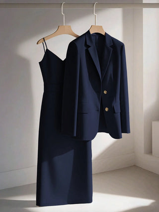 Blazer Jacket Paired With Sleeveless Waist Cinched Straight Dress