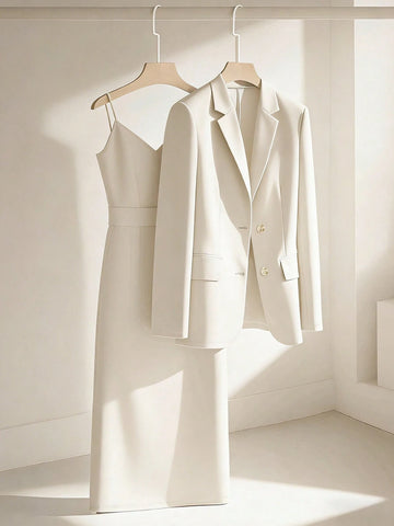 Blazer Jacket Paired With Sleeveless Waist Cinched Straight Dress