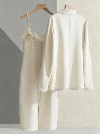 Blazer Jacket Paired With Sleeveless Waist Cinched Straight Dress