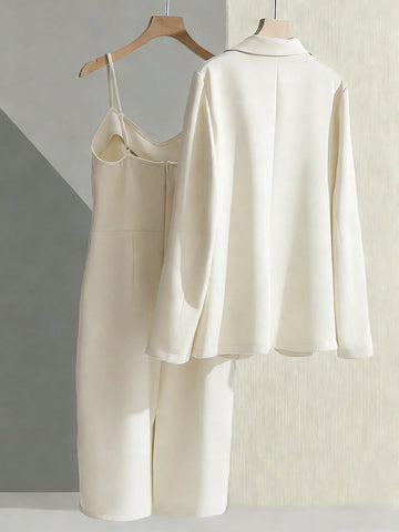 Blazer Jacket Paired With Sleeveless Waist Cinched Straight Dress