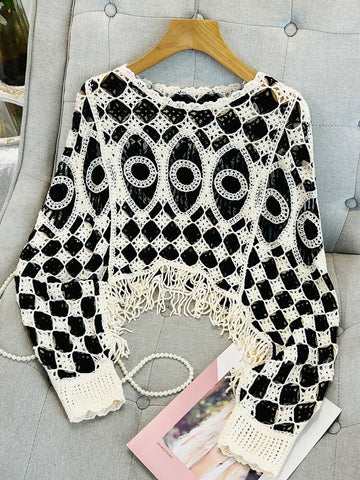 Women's Asymmetrical Contrast Color Fringe Knit Pullover Shawl Cover Up