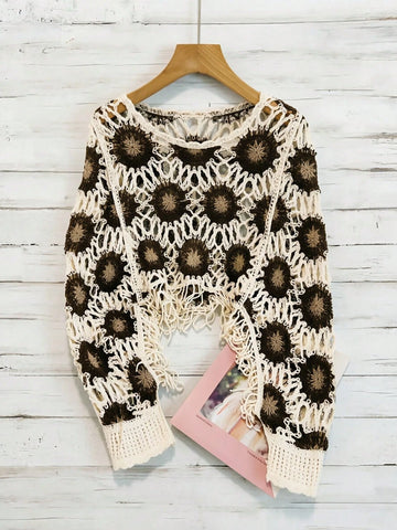 Women's Asymmetrical Contrast Color Fringe Knit Pullover Shawl Cover Up