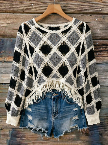 Women's Asymmetrical Contrast Color Fringe Knit Pullover Shawl Cover Up