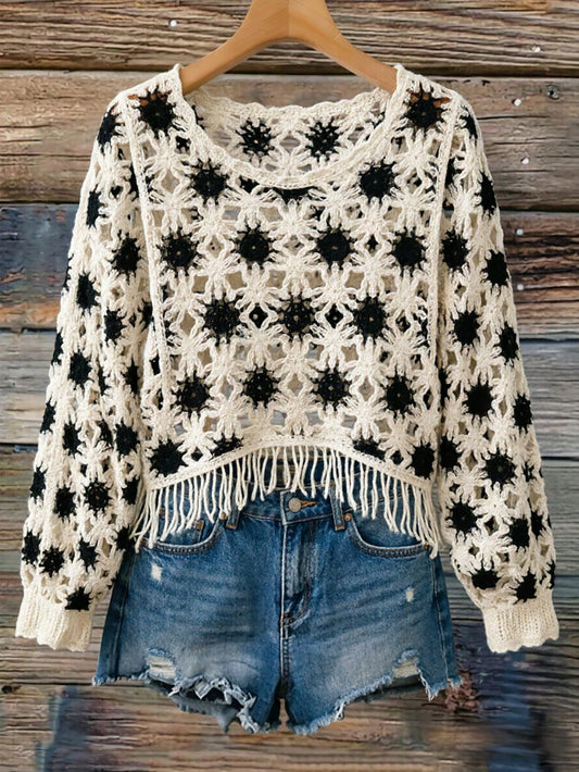 Women's Asymmetrical Contrast Color Fringe Knit Pullover Shawl Cover Up