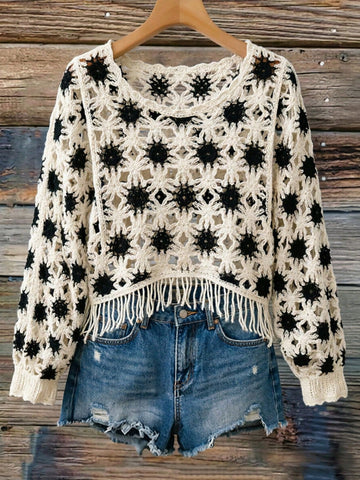 Women's Asymmetrical Contrast Color Fringe Knit Pullover Shawl Cover Up