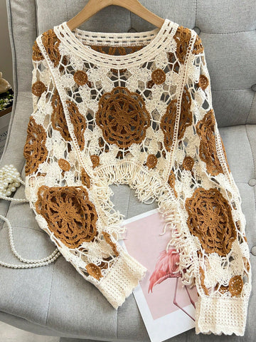 Women's Asymmetrical Contrast Color Fringe Knit Pullover Shawl Cover Up