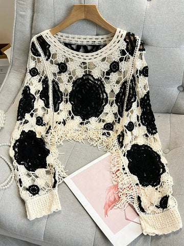 Women's Asymmetrical Contrast Color Fringe Knit Pullover Shawl Cover Up