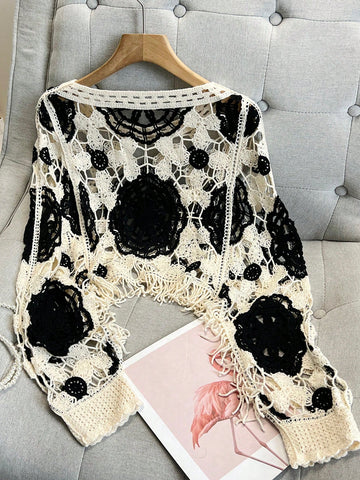 Women's Asymmetrical Contrast Color Fringe Knit Pullover Shawl Cover Up