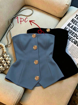 Women's Polka Dot Pattern Metal Flower Button Design Fashion Tube Top