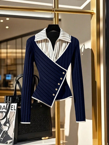 Waist Tightening Button Long Sleeve Striped Collar T-Shirt