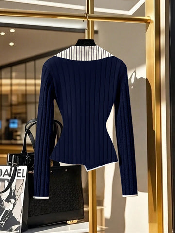 Waist Tightening Button Long Sleeve Striped Collar T-Shirt
