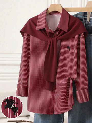 Solid Color Shawl 2 In 1 Regular Long Sleeve Shirt