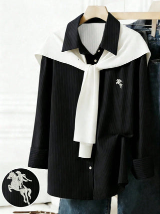 Solid Color Shawl 2 In 1 Regular Long Sleeve Shirt