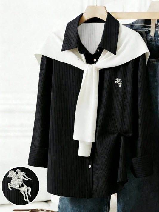 Solid Color Shawl 2 In 1 Regular Long Sleeve Shirt
