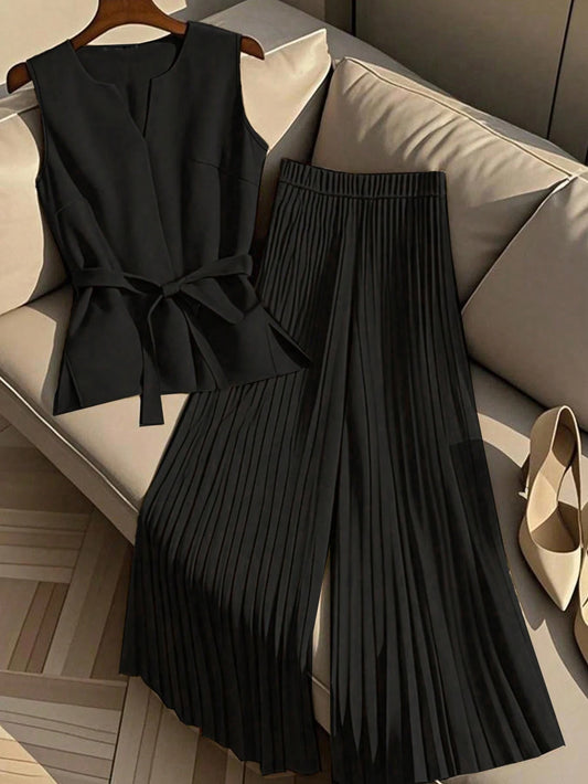 Women Casual Sleeveless V-Neck Top & Pleated Elastic Waist Straight Leg Pants