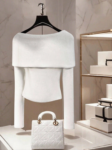 Women's Casual Solid Color Boat Neck One-Shoulder Long Sleeve Metal Decor Pullover Sweater