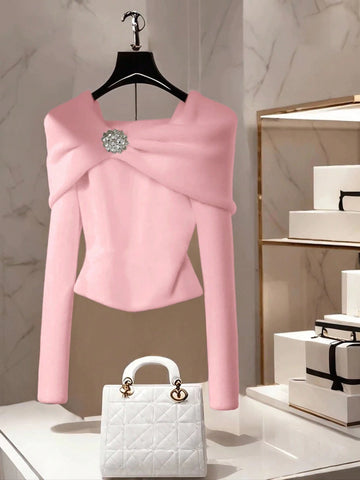 Women's Casual Solid Color Boat Neck One-Shoulder Long Sleeve Metal Decor Pullover Sweater