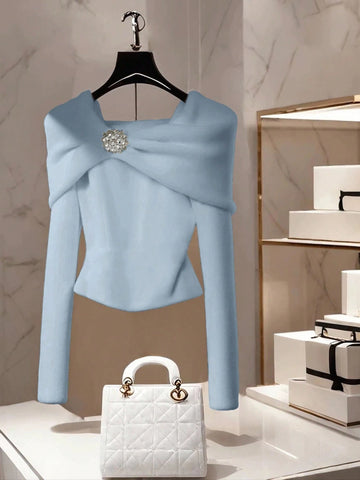 Women's Casual Solid Color Boat Neck One-Shoulder Long Sleeve Metal Decor Pullover Sweater