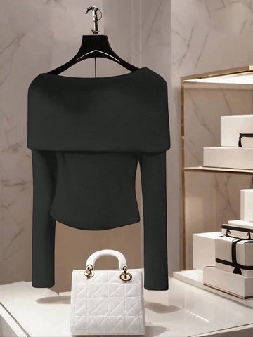 Women's Casual Solid Color Boat Neck One-Shoulder Long Sleeve Metal Decor Pullover Sweater