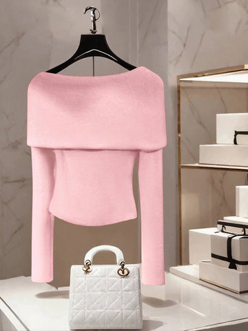 Women's Casual Solid Color Boat Neck One-Shoulder Long Sleeve Metal Decor Pullover Sweater