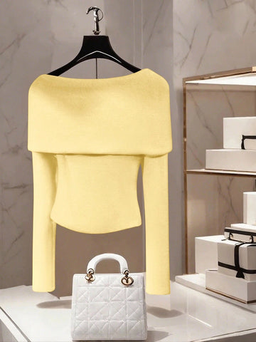 Women's Casual Solid Color Boat Neck One-Shoulder Long Sleeve Metal Decor Pullover Sweater