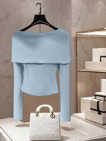 Women's Casual Solid Color Boat Neck One-Shoulder Long Sleeve Metal Decor Pullover Sweater