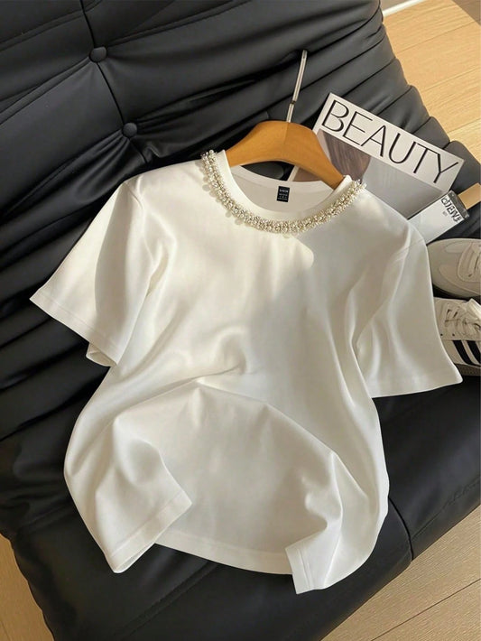 Women's Casual Studded And Chain Decor Round Neck Short Sleeve T-Shirt