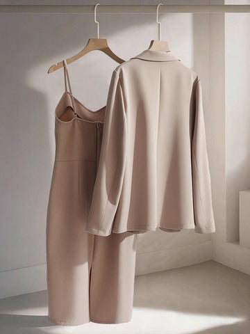 Franclia Casual Khaki Blazer Jacket Paired With Spaghetti Strap Waist Cinched Straight Dress