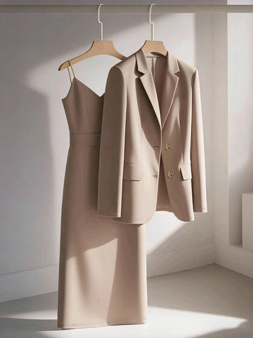 Franclia Casual Khaki Blazer Jacket Paired With Spaghetti Strap Waist Cinched Straight Dress