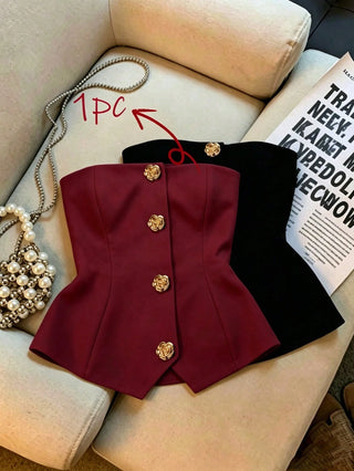 Women's Polka Dot Pattern Metal Flower Button Design Fashion Tube Top
