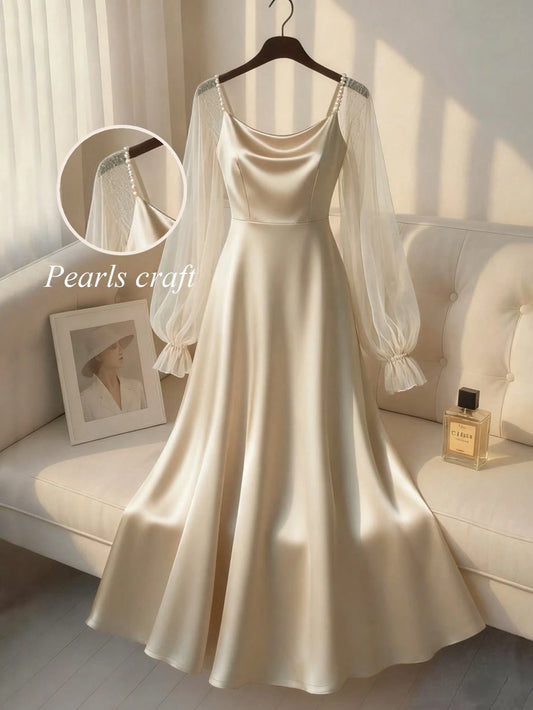 Women's Elegant Satin Pearl Decor Long Sleeve A-Line Dress