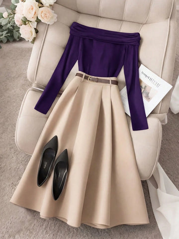 Off Shoulder Long Sleeve Top And Long Plain Skirt