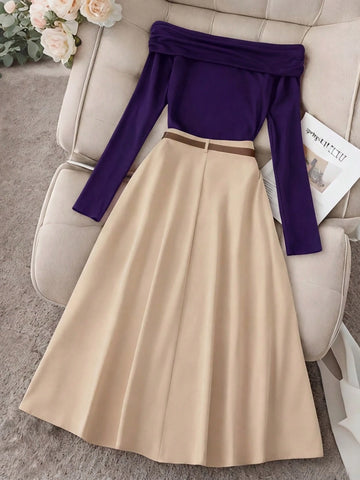 Off Shoulder Long Sleeve Top And Long Plain Skirt