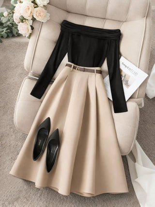 Off Shoulder Long Sleeve Top And Long Plain Skirt
