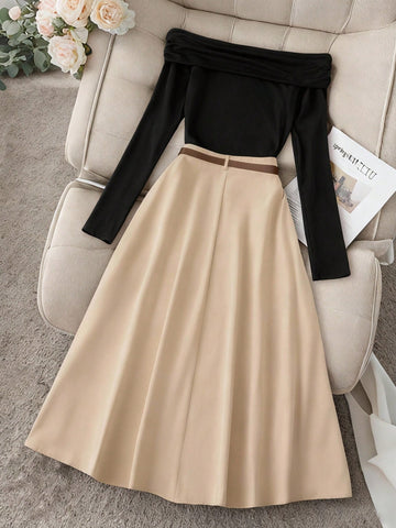 Off Shoulder Long Sleeve Top And Long Plain Skirt