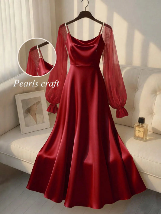 Women's Elegant Satin Pearl Decor Long Sleeve A-Line Dress