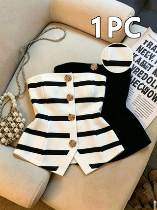 Women's Polka Dot Pattern Metal Flower Button Design Fashion Tube Top