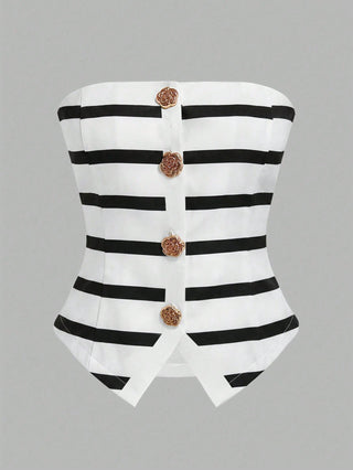 Women's Polka Dot Pattern Metal Flower Button Design Fashion Tube Top