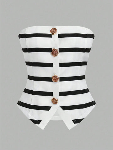 Women's Polka Dot Pattern Metal Flower Button Design Fashion Tube Top