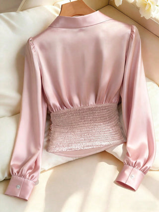 Solid Color Minimalist Long Sleeve Elegant Waist Shirt