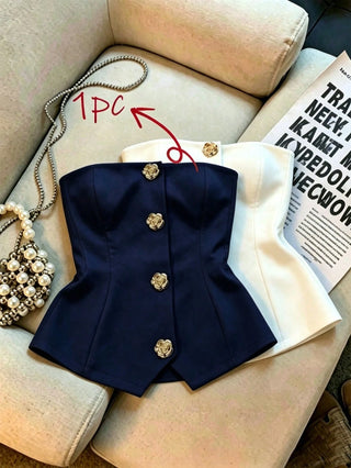 Women's Polka Dot Pattern Metal Flower Button Design Fashion Tube Top