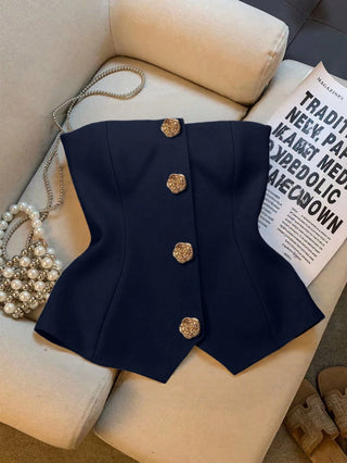 Women's Polka Dot Pattern Metal Flower Button Design Fashion Tube Top