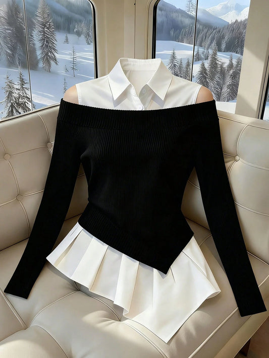 Fashion Irregular Faux Collar Long-Sleeved Classic Color-Blocked New Women's Top