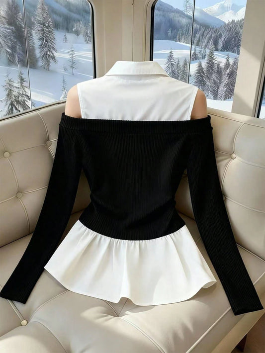 Fashion Irregular Faux Collar Long-Sleeved Classic Color-Blocked New Women's Top