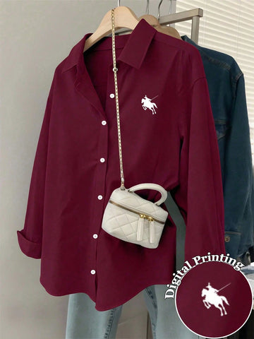 Minimalist Embroidered Decor Long Sleeve Loose Blouse