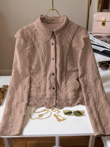 Women's Lace Trim French Collar Button Front Long Sleeve Blouse