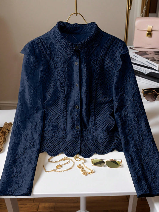 Women's Lace Trim French Collar Button Front Long Sleeve Blouse