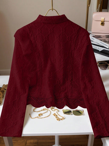 Women's Lace Trim French Collar Button Front Long Sleeve Blouse